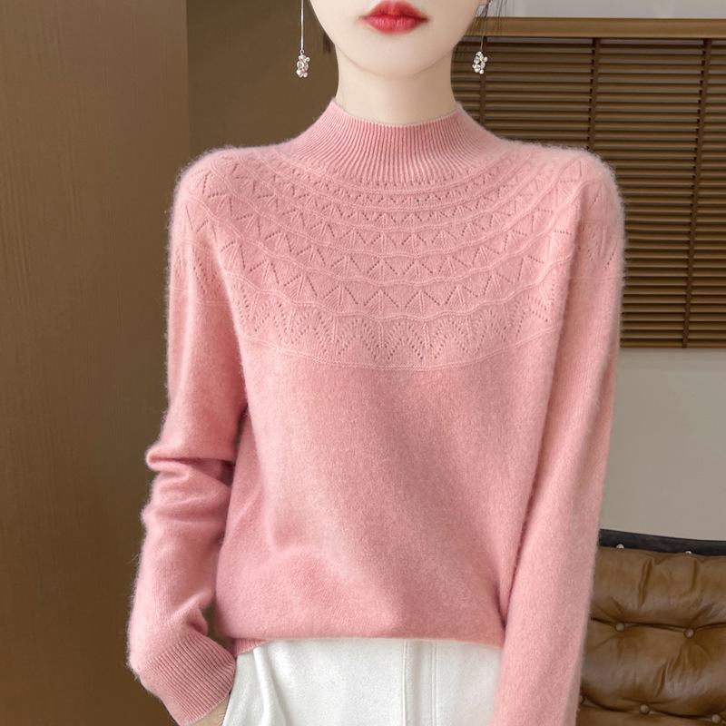 2025 Autumn/Winter Women's Half-High Collar Hollow Design Pure Wool Seamless Sweater Pullover