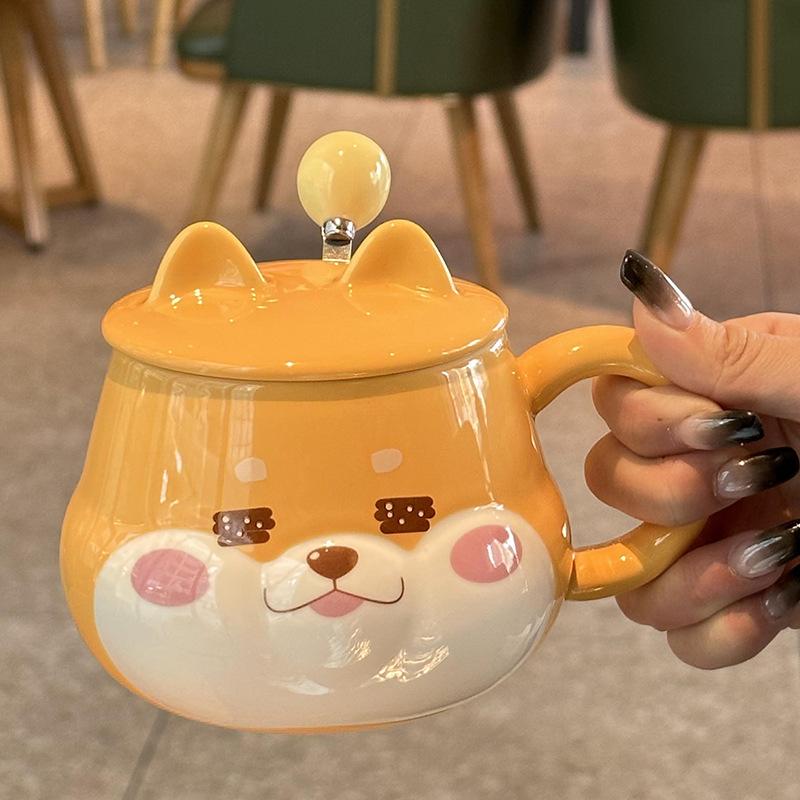 Cute Shiba Inu Coffee Mug Cartoon Animal Ceramic Milk Mug Creative Ceramic Mug with Lid and Spoon Kitchen Drinking Utensils 420ML