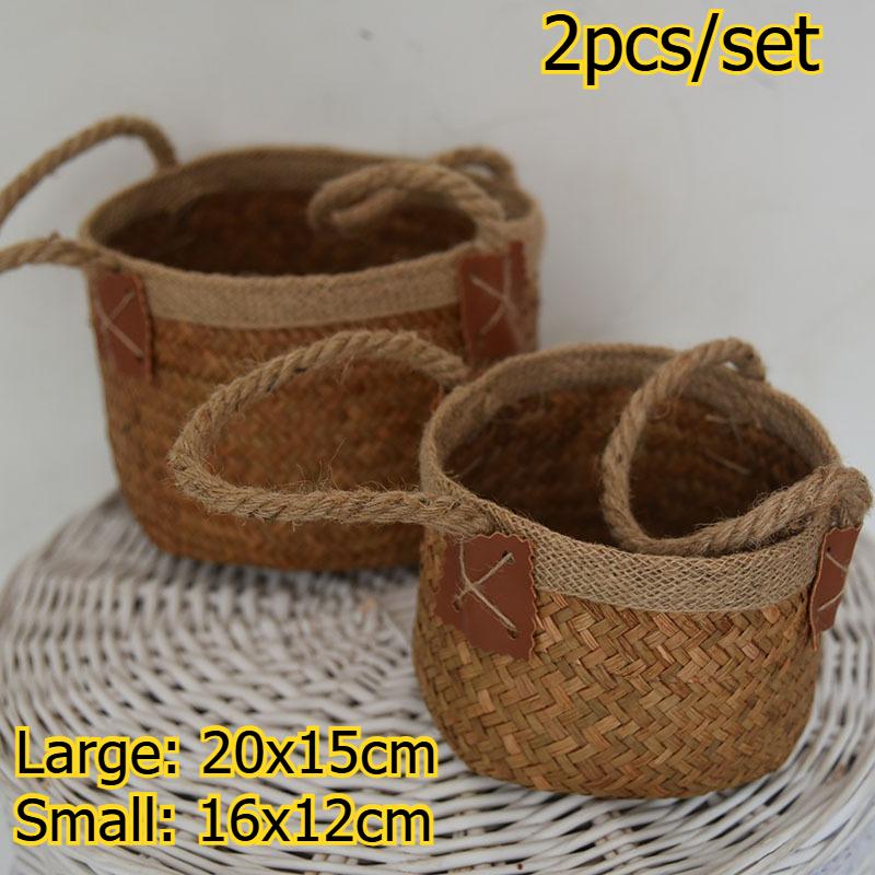 2pcs/set Seagrass Woven Portable Storage Basket Multi-Purpose Handwoven Household Storage Bin Decorative Organizer