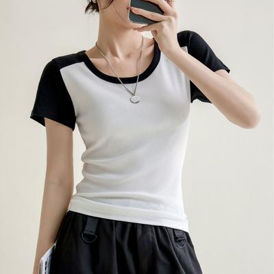Cool Threaded Contrast Color Round Neck Slim Fit Cotton T-Shirt for Women 2024 Spring and Summer New High Elastic Inner Slim Top