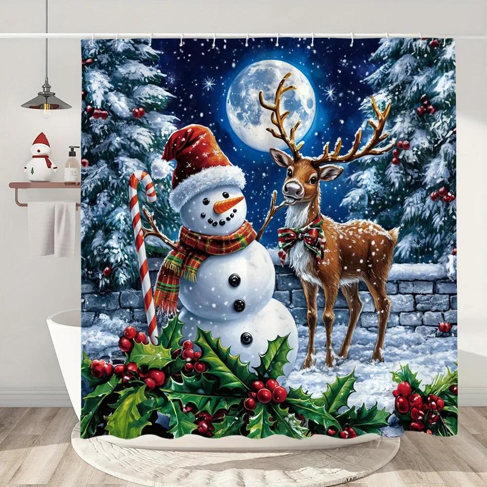 Funny Christmas Shower Curtain Santa Claus Snowman Deer Snow Scene Christmas Gifts Shower Curtain Bathroom Decoration With Hooks
