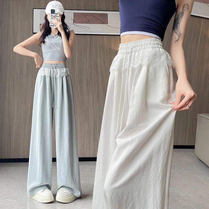 High-Waist Lace Splice Women's Spring/Summer Loose Straight-Leg Pants