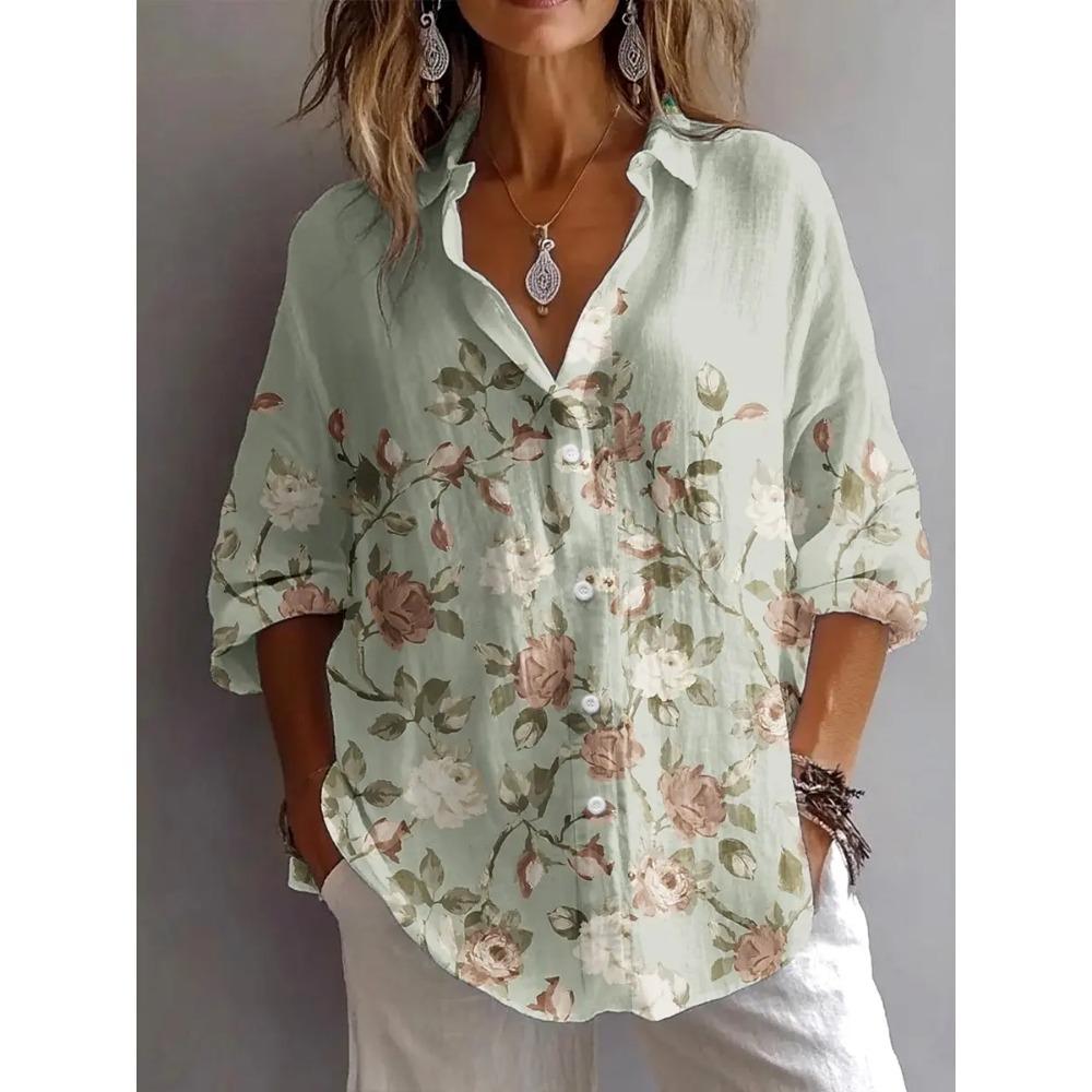 Damen Hemd Mode Blusen Frühling Herbst Floral Grafik Elegant Vintage Langarm Hemdkragen Normal Täglich Knöpfe Oberteile