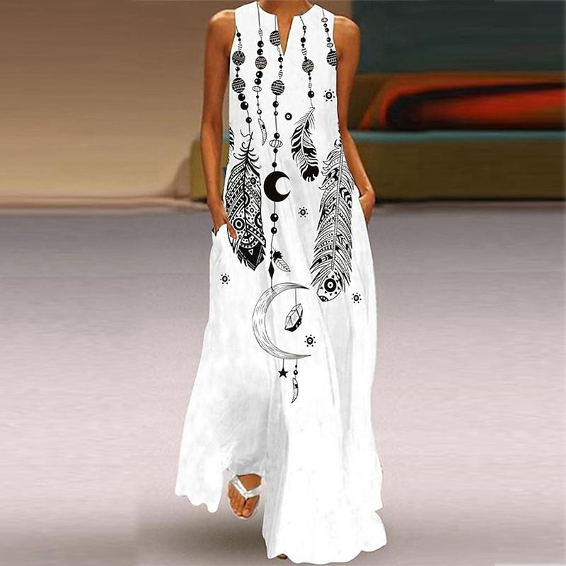 Women's A-line Dress Maxi Long Sleeveless Flower Face Colorful Feather Print Autumn and Winter V-neck Retro Style Elegant