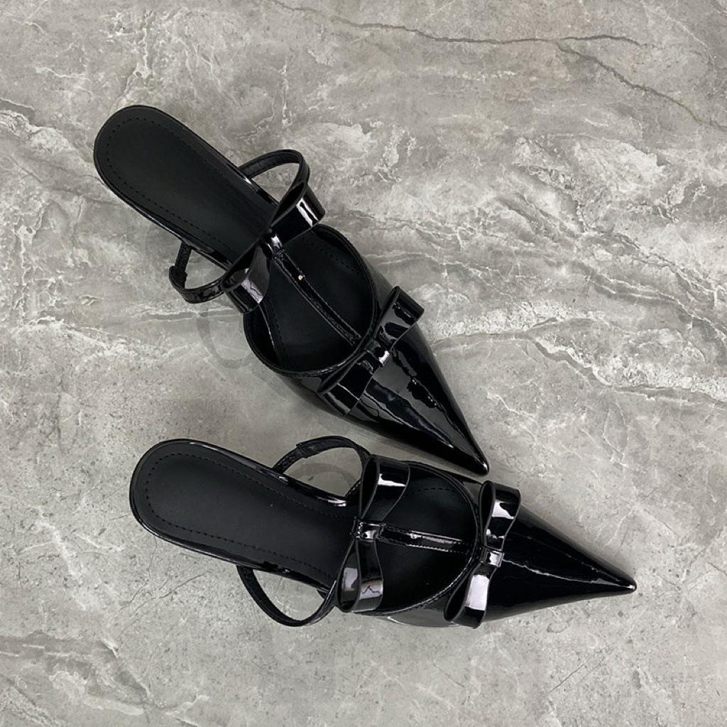 French Fairy Style Bow Baotou Half Slippers Female Summer Outer Wear One Pedal Beautiful Pointed Two Wearing Sandals