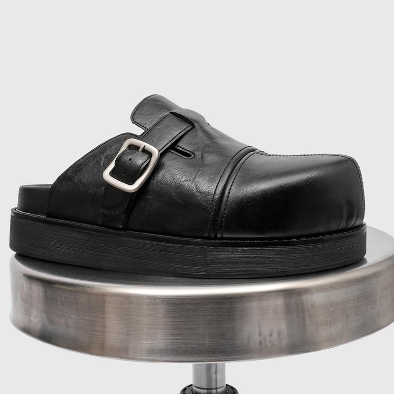 Fashion Fashion Men Half Loafers Casual Leather Slippers Punk Style Slides Breathable Mules Shoes Male Outdoor Thick Bottom Half Shoes