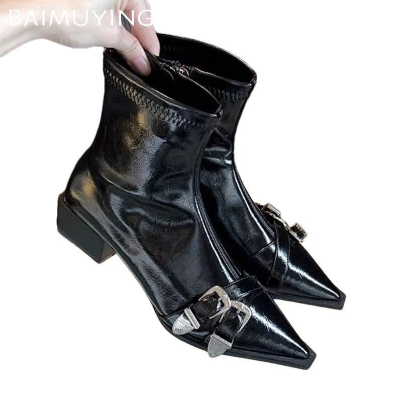Lær Chunky Dame Ankelstøvletter Fad Spiss Tå Mellomhæler Sexy Sko 2025 Trend Designer Spenner Pumps Goth Vinter Botas Mujer