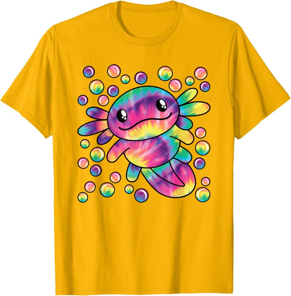 Tie Dye Axolotl Kawaii Salamander Graphic Tee Breathable Short Sleeve T-Shirt Casual for Women Men