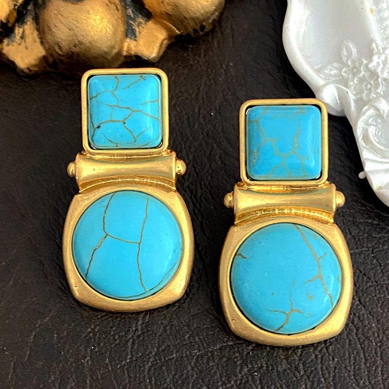 Turquoise Stud Earrings For Women Geometric Palace Style Medieval Fashion Elegant Retro Jewelry Gift