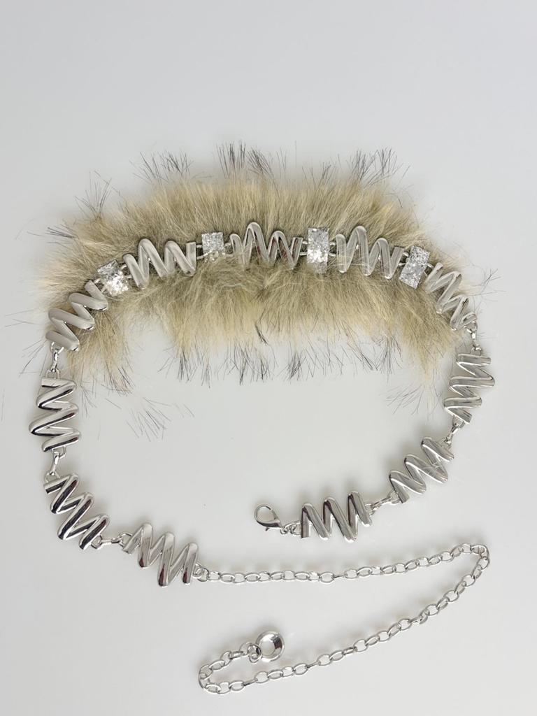 Sparkly Rhinestone Faux Fur Patchwork Waist Belt with Pin Buckle - Y2K Leather Eyelet Design