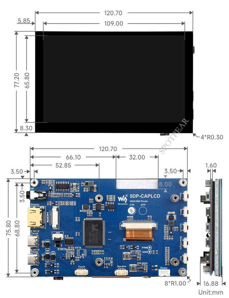 5-inch Raspberry Pi LCD, 1024x600, HDMI, Narrow Edge, Capacitive Touch Display.
