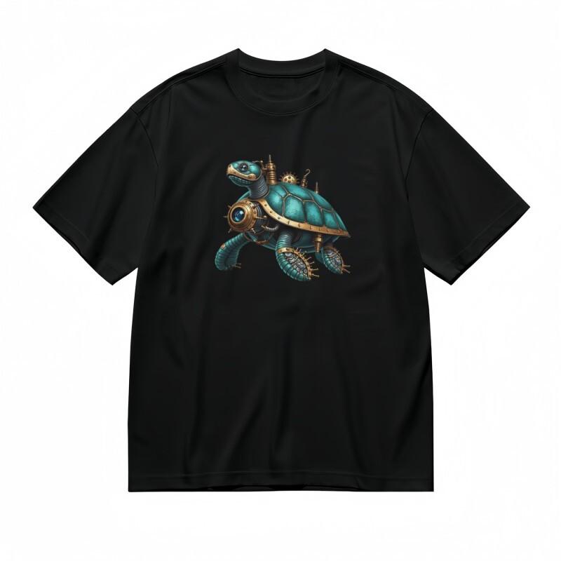 Men's Classic T-Shirt Mechanical Tortoise Artwork With Metallic Pipes Cotton Tee