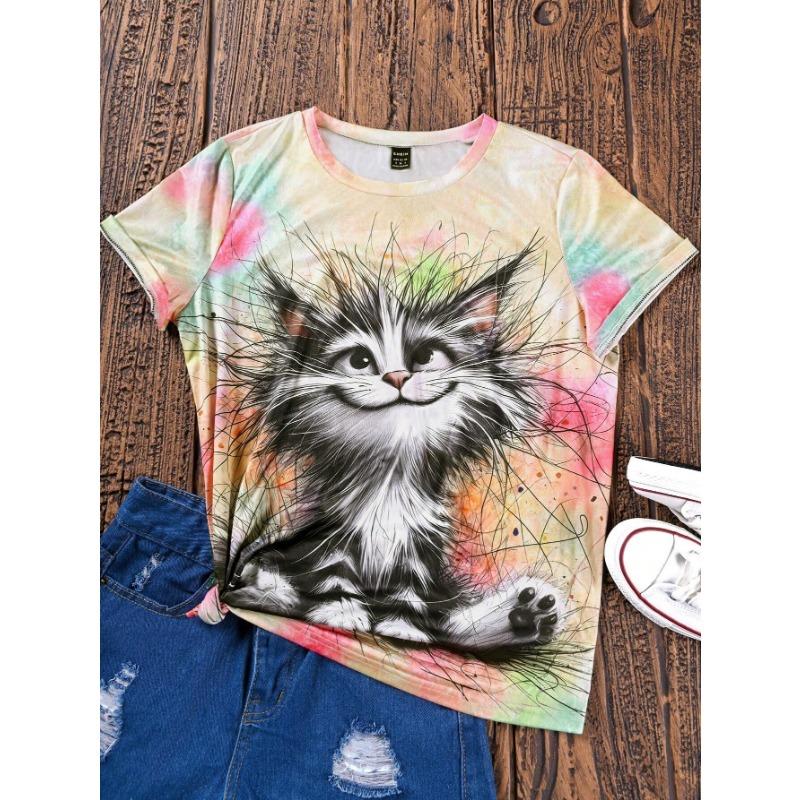 

SHEIN LUNE Женская футболка с коротким рукавом и 3D-принтом в виде кошки S