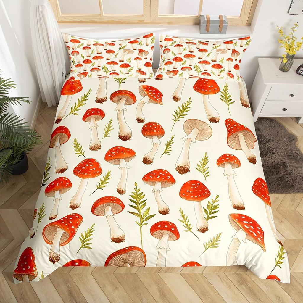Comforter Wild Mushroom Bedding Set King Queen Cute Mushrooms Comforter Kawaii Fungus Cartoon Plant Leaves