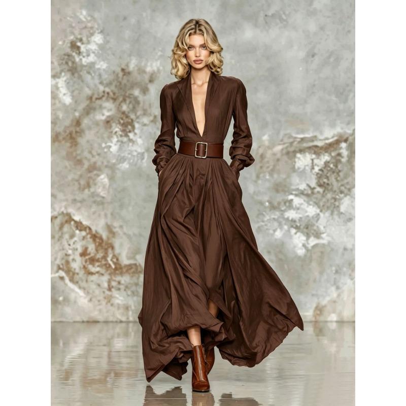 Damen S Elegantes Langarm A-Linie Maxikleid Mit Gürtel 3XL kaffeebraun