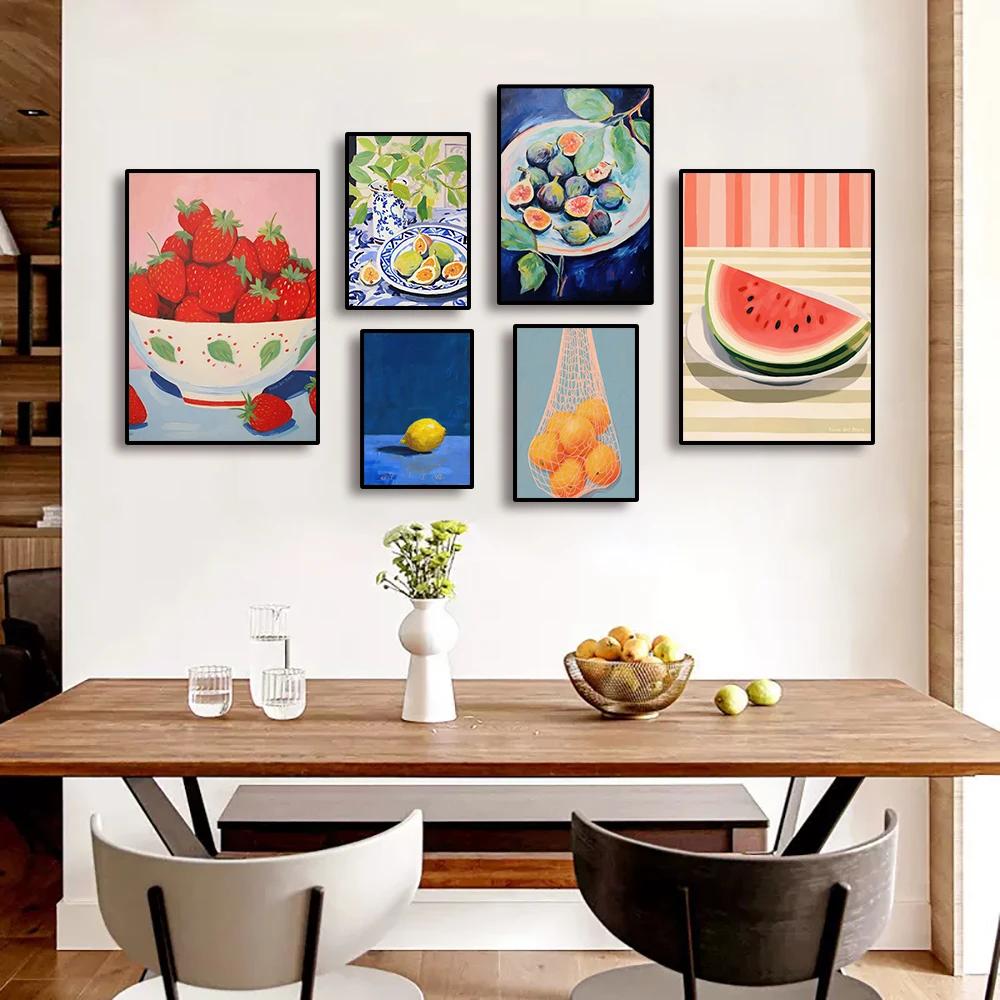 Colorful Modern Abstract Fruit Canvas Prints Maximalist Peach Strawberry Watermelon Wall Art Poster for Living Room Home Decor