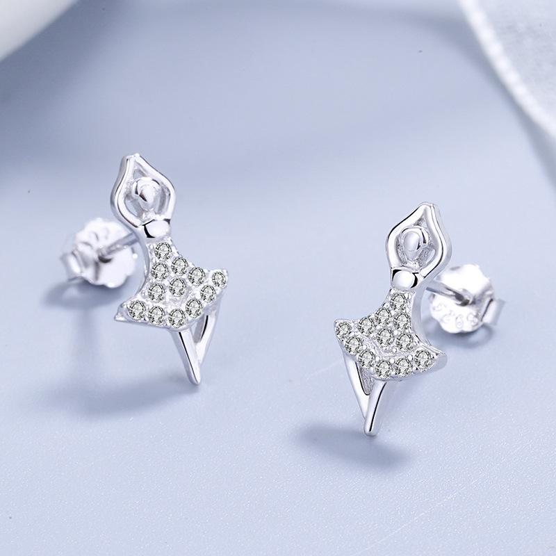 S925 Pure Silver Bud Dance Earrings for Girl Sweet Full Diamond Bar Simple Fashion Student Silver Jewelry