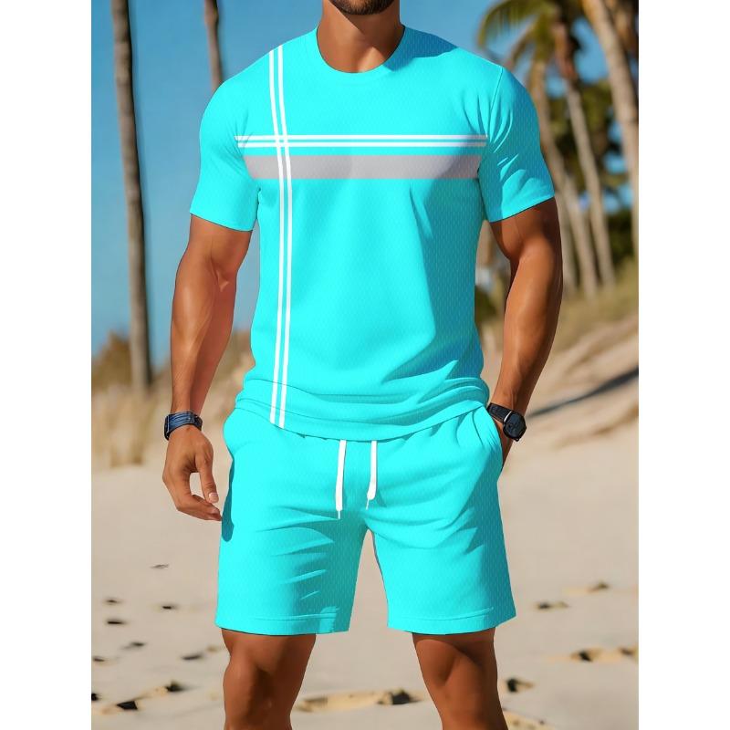Herren Digitaldruck 2-teiliges Set, Herren Rundhals Kurzarm T-Shirt und Shorts Outfit