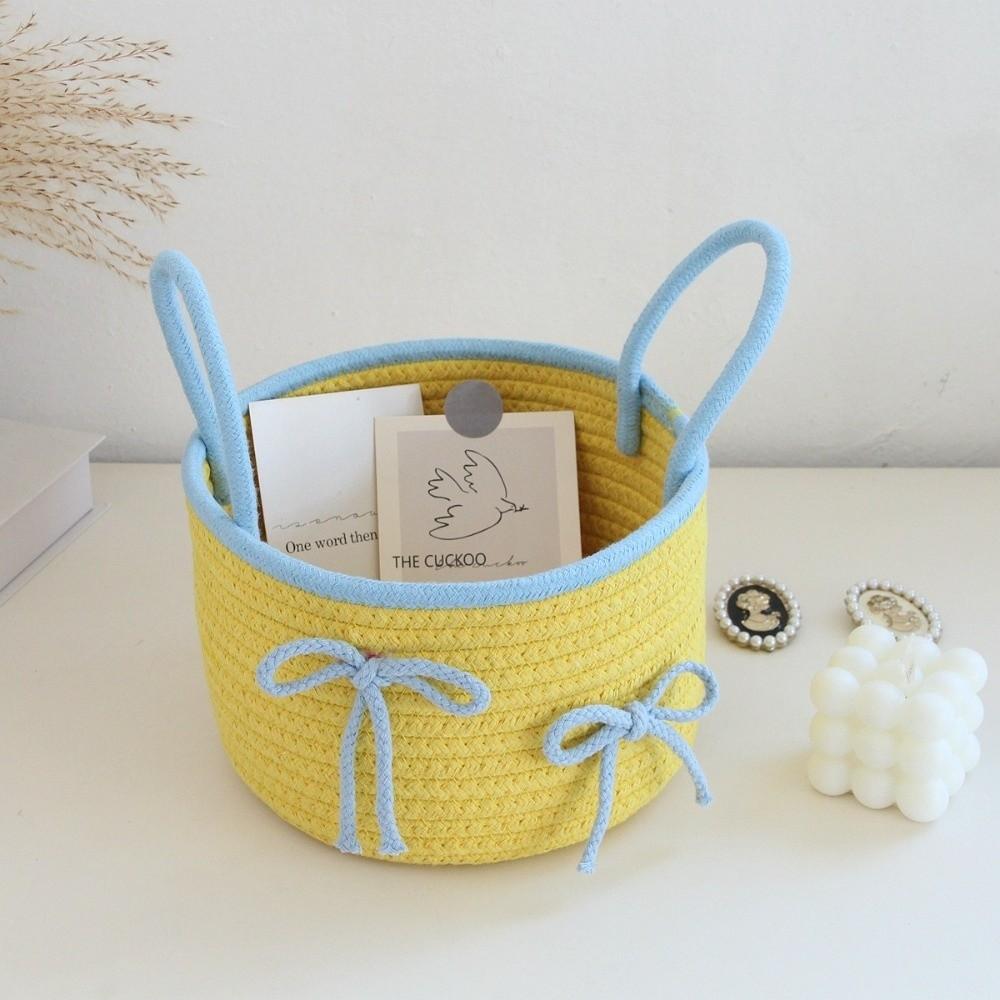 Ins with Lid Crochet Storage Basket Woven Cotton Bowknot Dustproof Box Solid Desktop Decorative