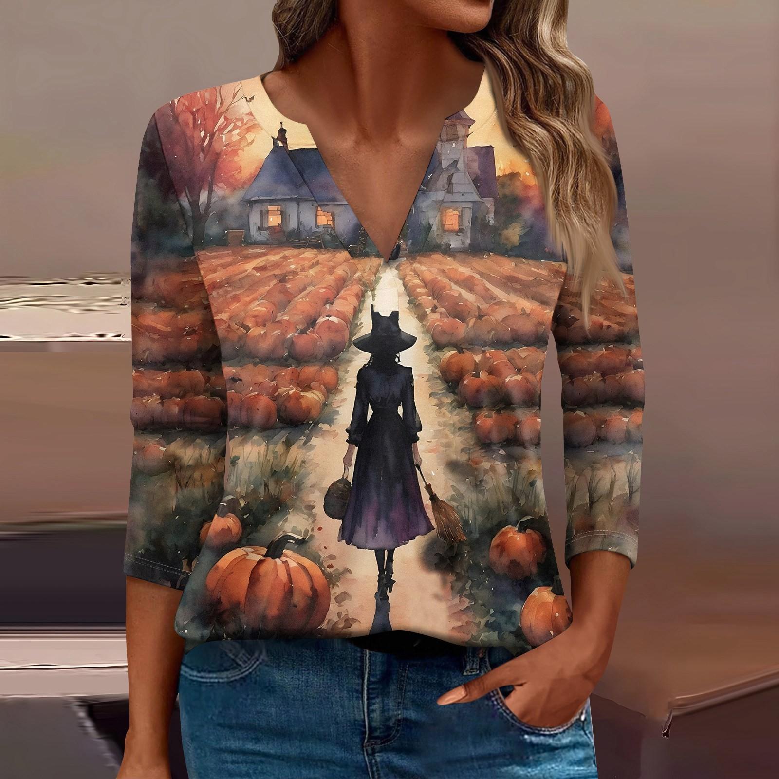 

Жіноча модна повсякденна сорочка з V-подібним вирізом і рукавами 3/4 на Хеллоуїн XXL шафрановий