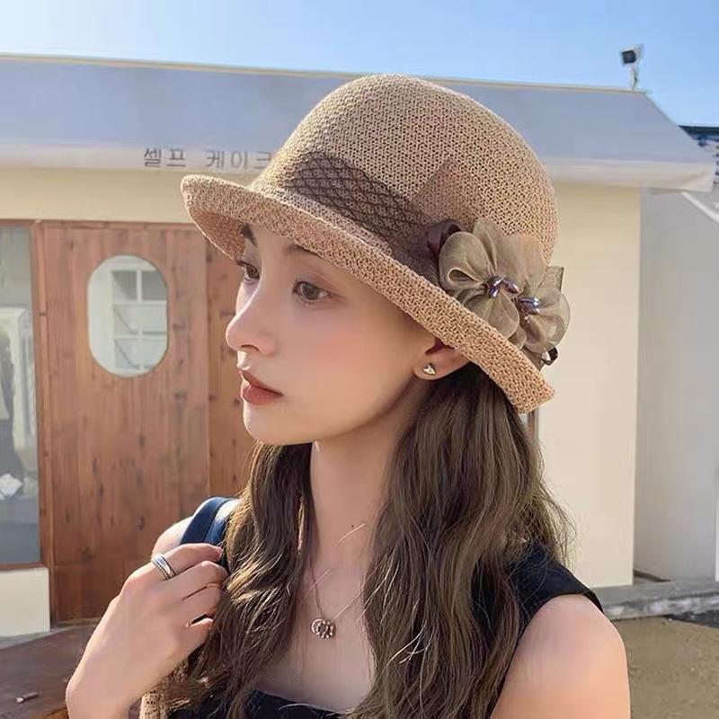 Fashion British flower top hat women's summer sunshade sunscreen hat French crimped sun hat outdoor mesh basin hat