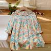 Spring Girls Sweet Princess Dress Ruffled Collar Hand Smocked Print Long Sleeve Dress For Kids
