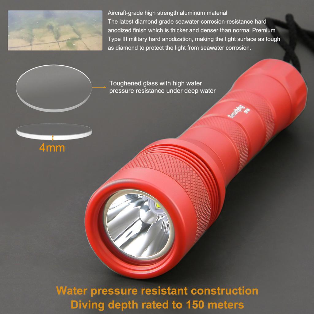 SecurityIng DF08 Scuba Diving Flashlight 1050LM Underwater 150m Deep Waterproof Torch Light with 9 Degree Beam Angle