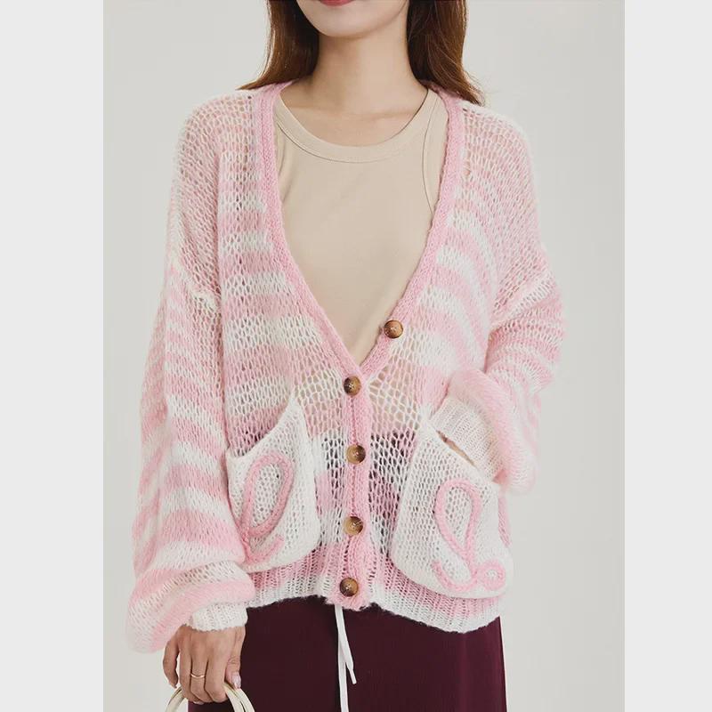 Women's Striped V-Neck Knit Cardigan Sweater - Lightweight, Loose, and Casual for Spring & Fall