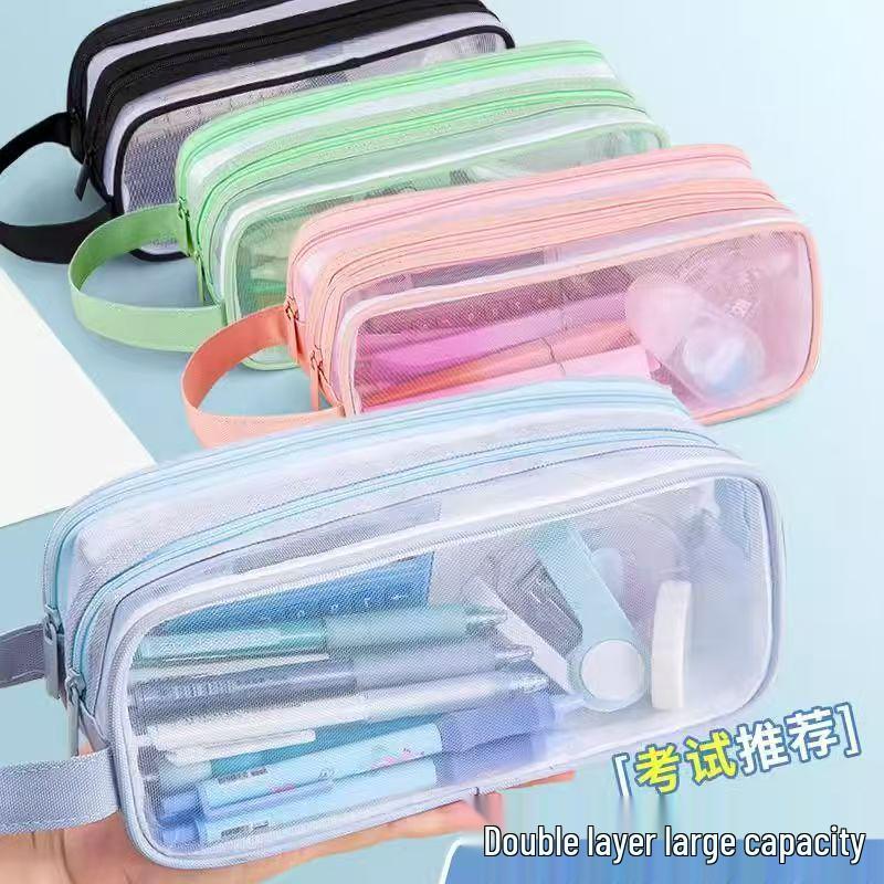 Large Capacity Double Layer Transparent Mesh Pencil Case for Girls & Boys - Perfect for School & Exams, Stylish & Portable