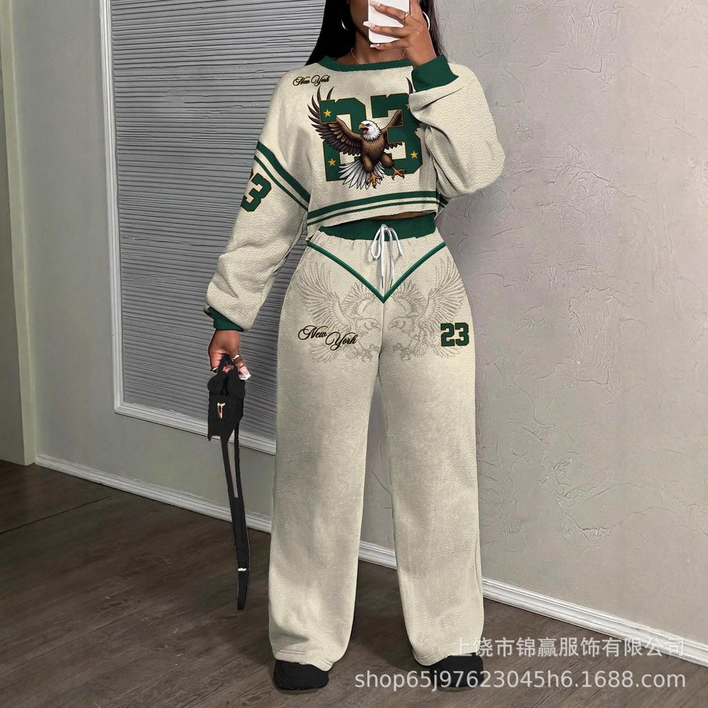 Tuta pantalone con maglione girocollo a fantasia stampata con lettere da donna, nuova tendenza autunno e inverno, tuta casual alla moda
