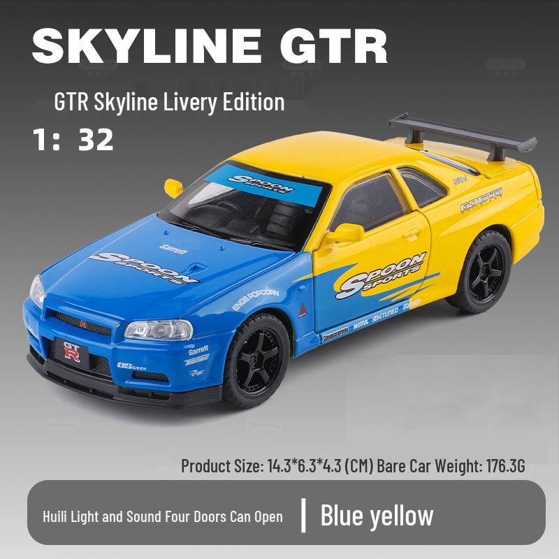 1:32 GTR R34 Low-Rider Sports Car Model with Opening Doors, Four-Wheel Suspension, Alloy Build, Sound and Light, Pull-Back Simulation