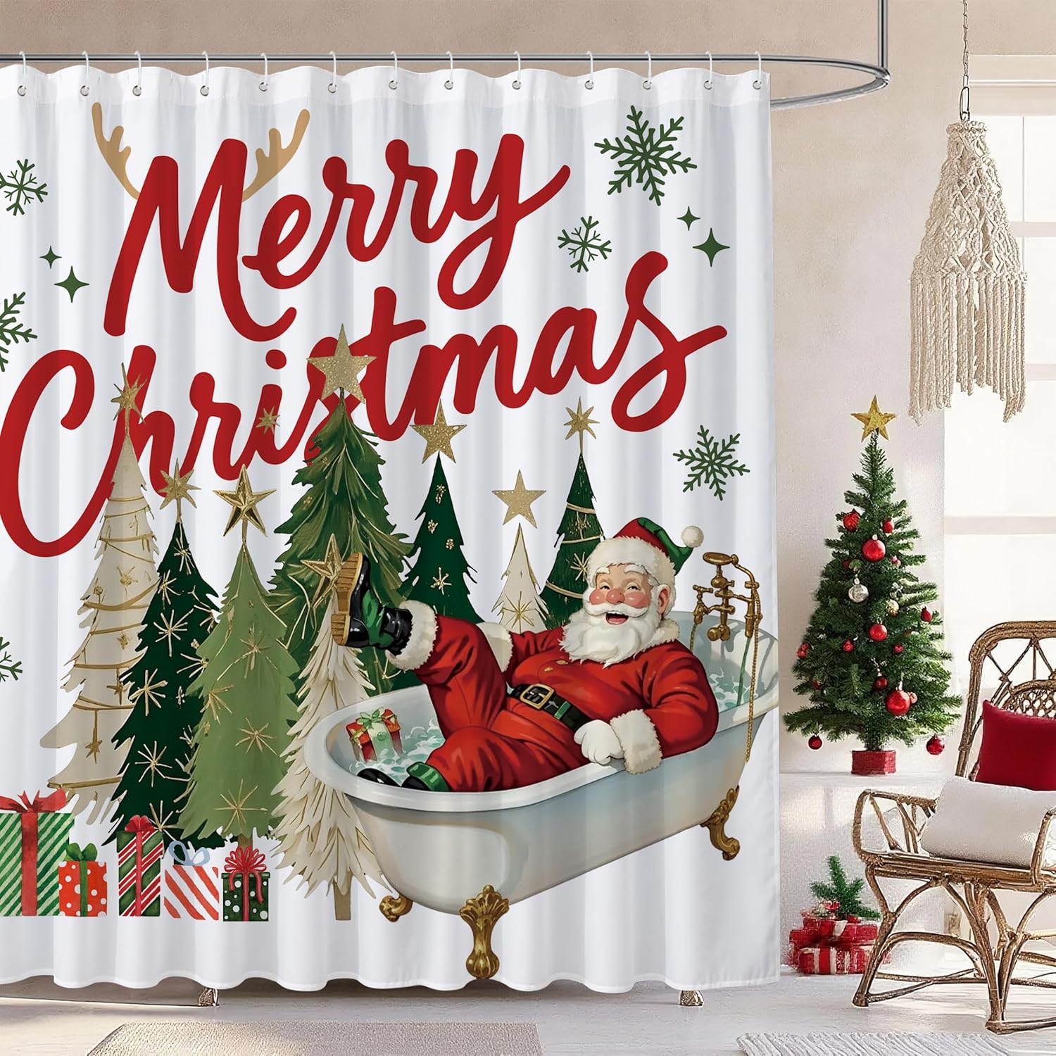 

Рождественская шторка для душа с узором из снежинок и елки, водонепроницаемый декор для ванной комнаты на зимние праздники, прочная моющаяся ткань 90x180cm35x71in