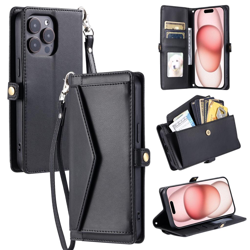 For iPhone 16 Pro Leather Case with Wrist Strap Wallet Stand Phone Cover
