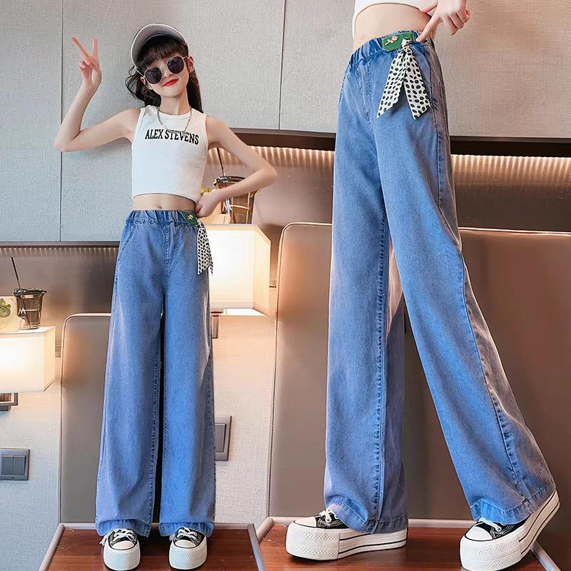 Girls  Medium-Large Tencel Denim Summer Pants - Stylish Slimming Narrow/Wide Leg Design 170