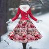 Women's Casual Dress Long-Sleeve V-Neck Patchwork Fleece Christmas Print Dress