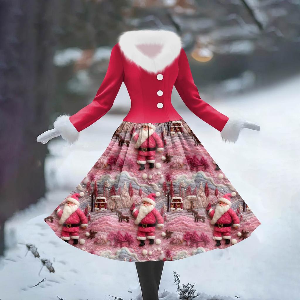 Women's Casual Dress Long-Sleeve V-Neck Patchwork Fleece Christmas Print Dress