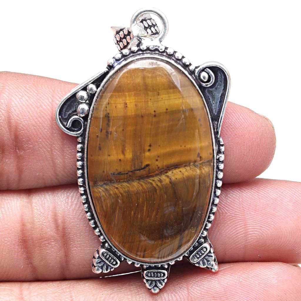 Pendant Tiger's Eye Gemstone Handicraft Valentine'Day Silver Jewelry 1.75"