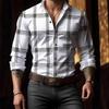 Men Lapel Long Sleeve Shirt Contrast Plaid Check Print Single Breasted Button Slim Business Casual Dress Blouse