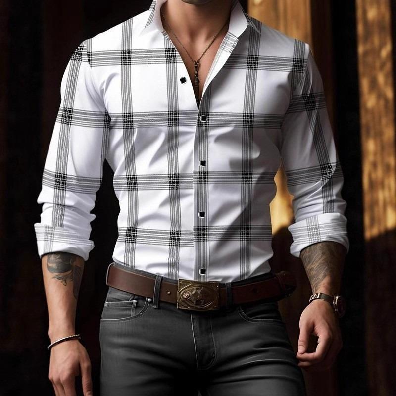 Men Lapel Long Sleeve Shirt Contrast Plaid Check Print Single Breasted Button Slim Business Casual Dress Blouse