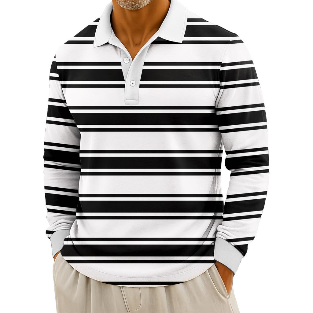 Men's Casual Striped Print Button-Up Long-Sleeve Tops