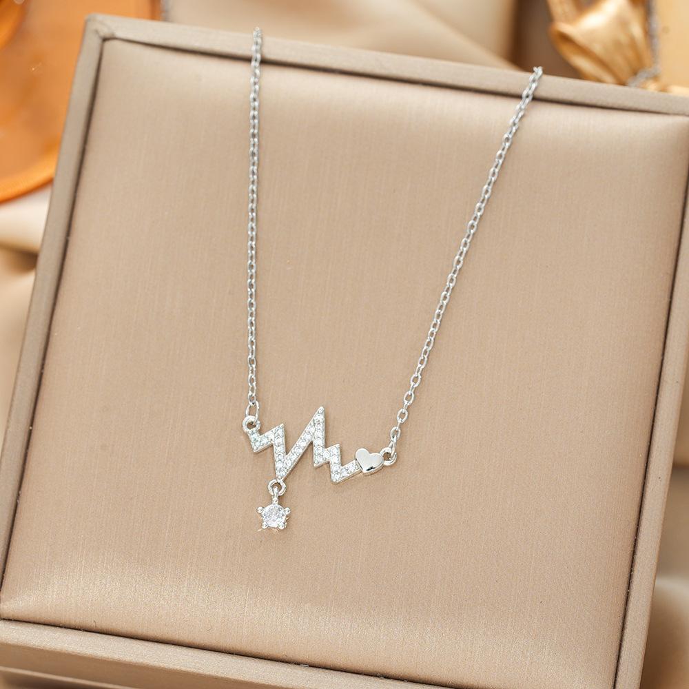 Stylish ECG Heartbeat Titanium Steel Necklace With Crystal Zirconia Pendant For Women