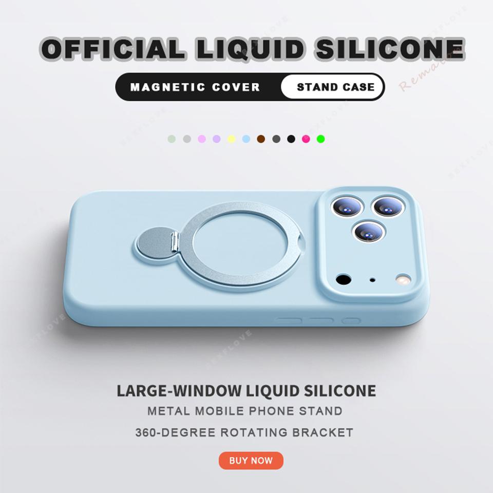 Liquid Silicone Magnetic Phone Bracket Case For iPhone 17 13 14 15 16 Pro Max Air Plus Magsafe Stand Holder Protector Cover