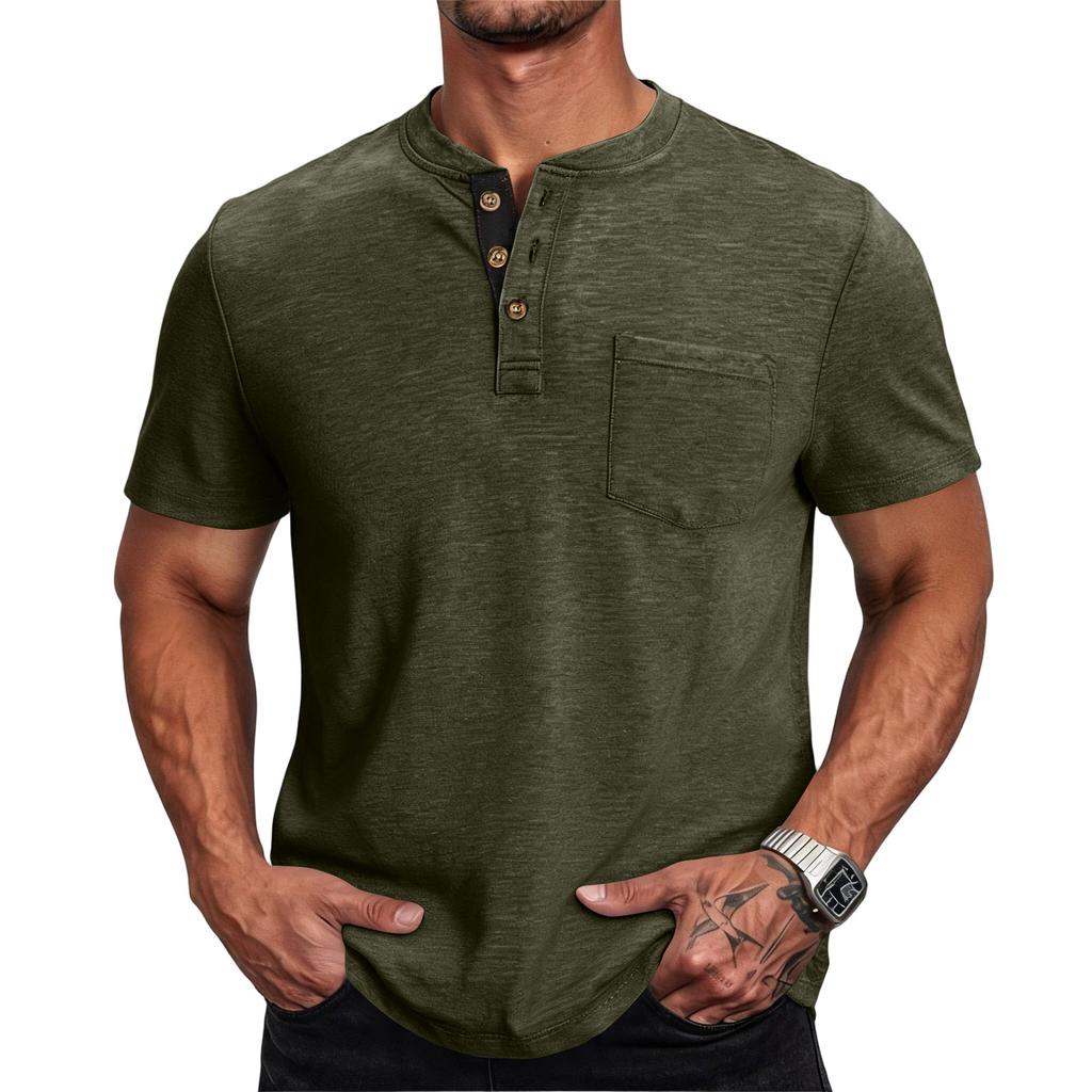 Men Henley Neck Short Sleeve T Shirt Casual Basic Button Front Athletic Fit Pullover Top with Chest Pocket for Everyday Wear