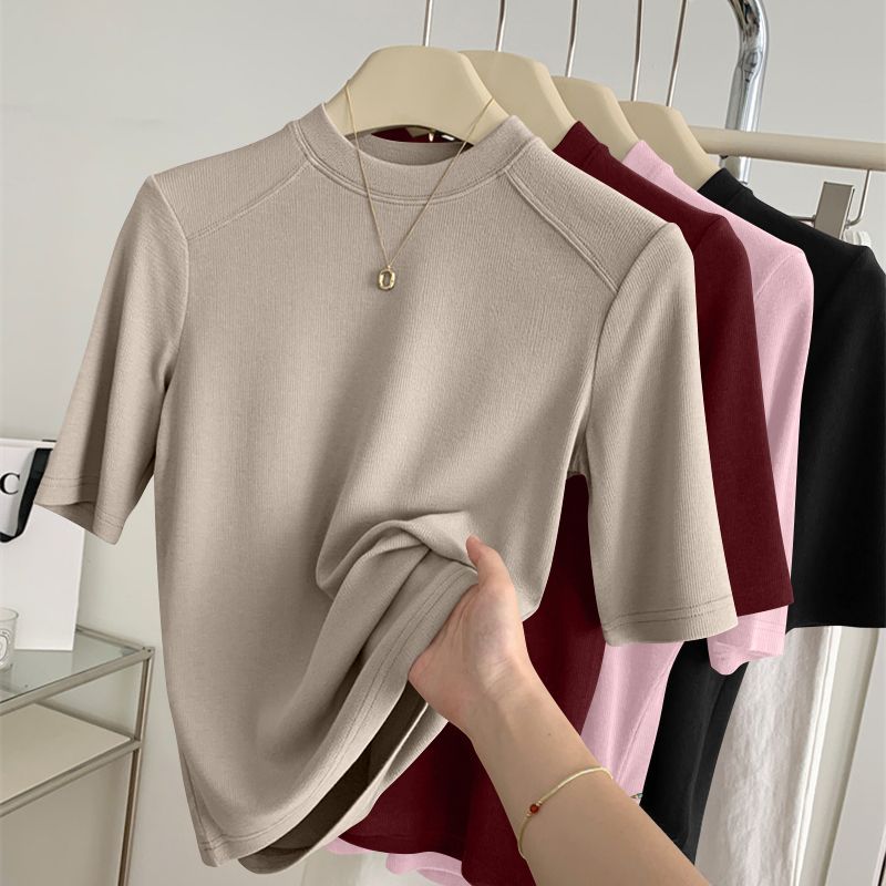 Women Spring Autumnr Mid Sleeve Top Slim Fit New Mock Neck T-shirt