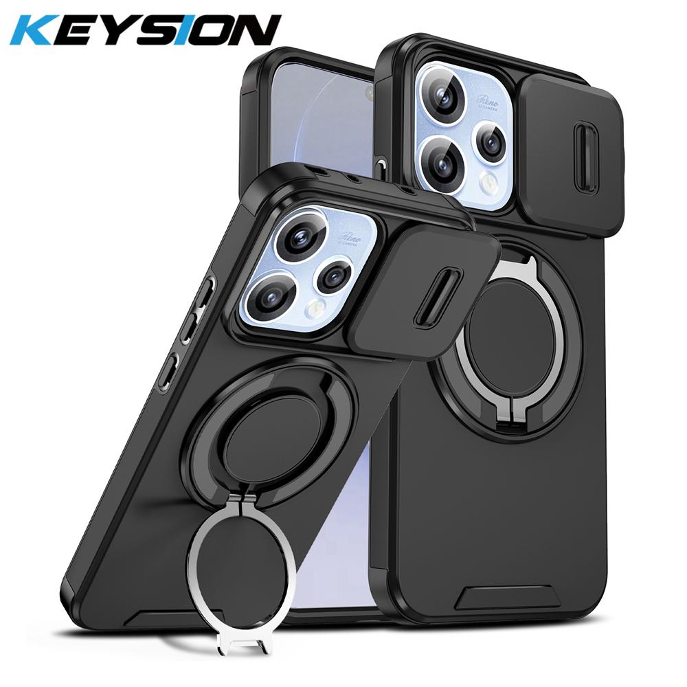 KEYSION 360°Rotating Ring Stand Phone Case for OPPO Reno15 Pro Max 5G 15 F 5G Slide Camera Protection Magnetic Shockproof Cover for OPPO Reno15 5G чёрный