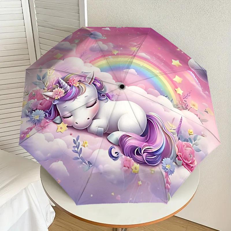 1PC Unicorn Rainbow Umbrella-8-Rib Reinforced Portable Folding Travel Suitable for All Seasons Outdoor Daily Use  -J0361