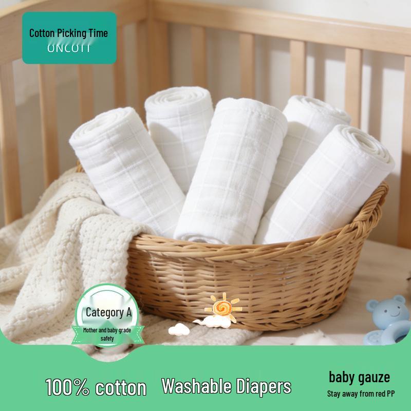 Class A Breathable Pure Cotton Baby Gauze Diaper - Washable, Skin-Friendly, Double Layer Swaddle for Newborns, Pure White.