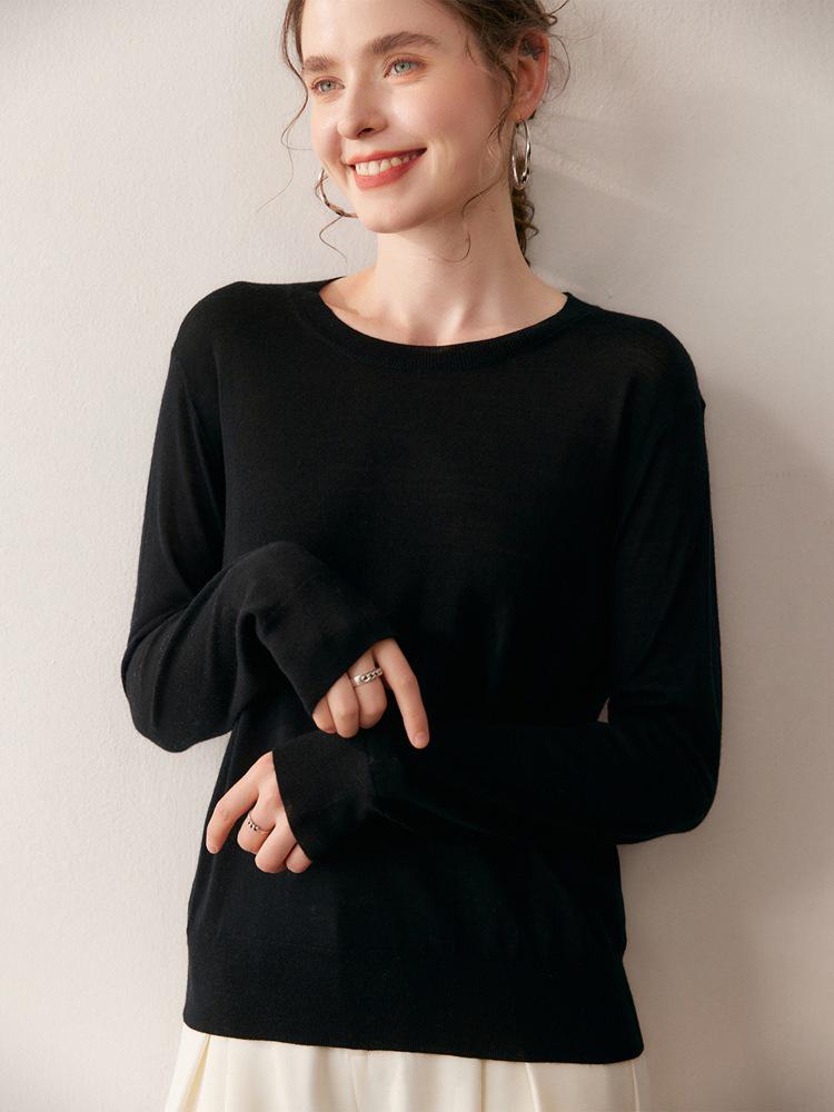 Women's Pure Wool Round Neck Knit Sweater - Autumn/Winter Base Layer