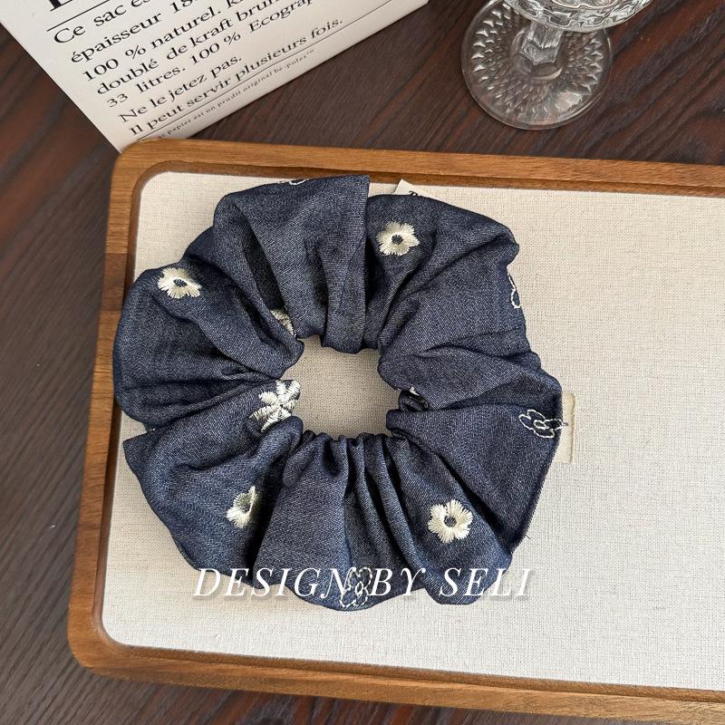 Korean Style Blue Floral Denim Jacquard Hair Tie and Scarf