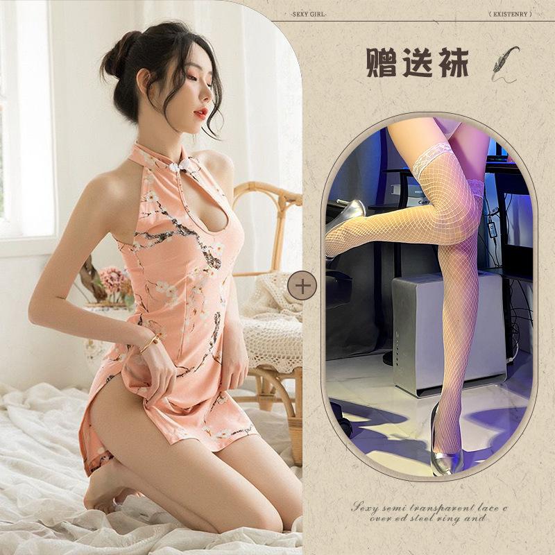 Sex Underwear Pink Stand-up Collar Print Sexy Cheongsam Slit Female Temptation Retro